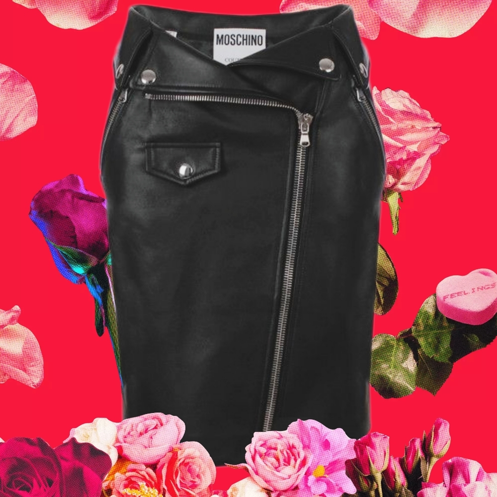 Auth Moschino Couture 4 biker Barbie skirt black leather Runway lamb zip barbie